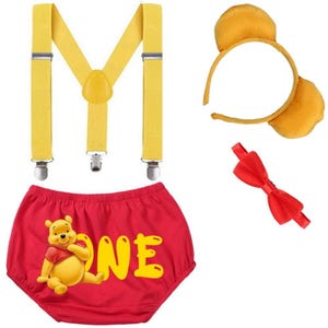 Red Winnie Pooh Baby Boy 1st Birthday Outfit | Pooh Bear Cake Smash Costume Baby Fashion UK | Photoshoot | Bloomer Bowtie Suspender Ears Set