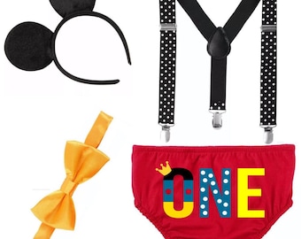 Mickey Mouse-outfit 1e verjaardag | Rood Mickey Mouse One Cake Smash-kostuum voor babyjongen | Prince-set van 4 stuks | Fotoshoot Mickey-outfit 1e verjaardag