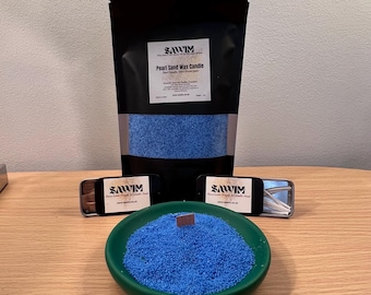 Kit de vela de cera de arena perlada azul SAWIM: 100 g para hacer velas caseras con 4 mechas reutilizables / Kit de vela ecológico y una idea de regalo única / Vegano y ecológico