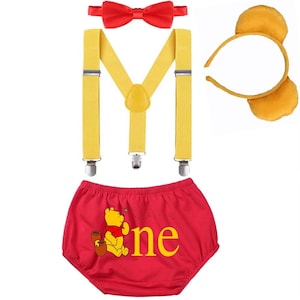 Winnie the Pooh 1st Birthday Outfit | Baby Boy Red Pooh Bear Cake Smash Costume | 4pc Set | Winnie Pooh Photoshoot & One Bday Party Outfit
