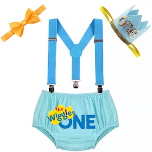 Wiggles Baby Boy 1st Birthday Outfit | Wiggles One Cake Smash Set | 4-Pc Suspender, Bowtie, Diaper Cover | Wiggles One Photoshoot Costume