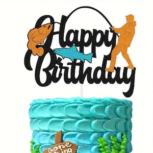 Fishing Happy Birthday Cake Topper Fishing Decoration Fisherman Photoshoot Decor Cake Topper Fishmerman Catching Fish Birthday Party Decor