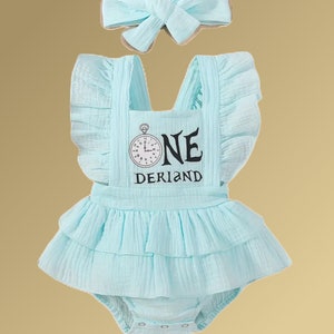 Alice In One Derland Romper Alice wonderland 1st Birthday Jumpsuit Alice in Wonderland 1 Yr Photoshoot Cake Smash Outfit Alice In OneDerland