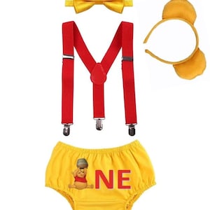 Yellow Winnie The Pooh 1st Birthday Outfit | Baby Boy Winnie Pooh Bear One Cake Smash Costume 4pc Set | Pooh Bear 1 Photoshoot Party Attire