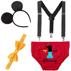 My 1st Birthday Mickey Mouse Outfit | Baby Boy Red Mickey Mouse One Cake Smash Costume | 4pc Set | Photoshoot My 1st Birthday Mickey Outfit