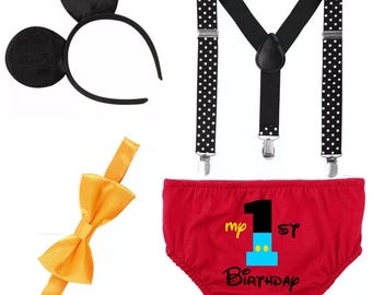 Mijn Mickey Mouse-outfit voor 1e verjaardag | Rood Mickey Mouse One Cake Smash-kostuum voor babyjongen | 4-delige set | Fotoshoot Mickey-outfit voor mijn 1e verjaardag