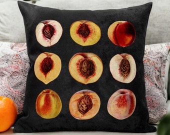 Almohada de ante con patrón de melocotón, decoración de melocotón, almohada de melocotón, regalo de bienvenida con estampado de melocotones, almohada botánica, regalo de decoración del hogar fresco para amantes de la comida,