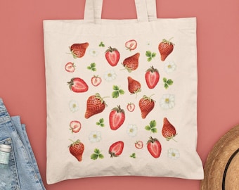 Erdbeere Tote Bag, Obst Botanische Tragetasche, Erdbeer-Liebhaber Frühling Tragegeschenk, süße Sommer Tasche, Cottagecore Tragetasche, Floral Tasche