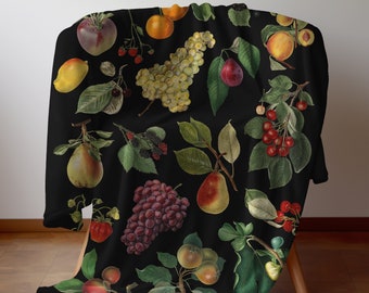 Vintage Fruit Print Velveteen Throw Blanket, Dark Cottagecore Fall Blanket for Couch, Botanical Style Bedding, Cozy Autumn Houswarming Gift