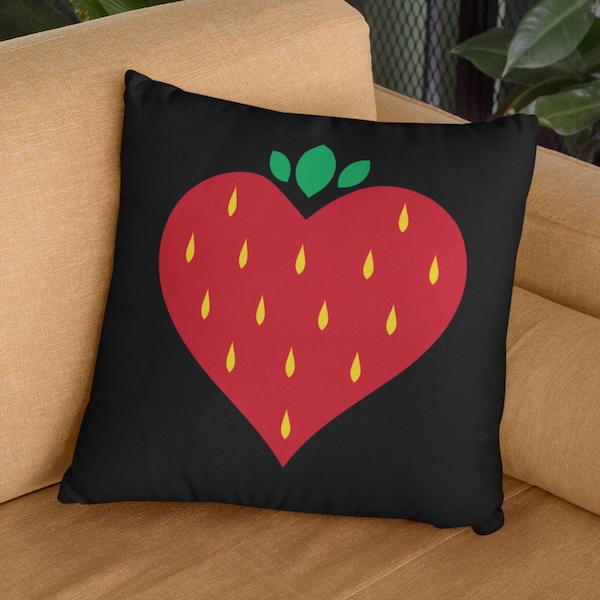 Coussin carré en daim coeur fraise, literie fraise, cadeau fraise coussin décoratif imprimé fraise, décor de fruits, décoration d'été