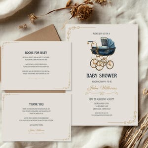 Modello di invito per baby shower "Old Money" | Carrozzina vintage blu | Elegante invito classico Canva | Libri stampabili per neonati e biglietti di ringraziamento