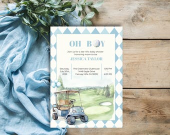 May include: Baby shower invitation with a golf theme. The invitation features a watercolor illustration of a golf cart on a green course, with text that reads "OH BOY" and details for the event.