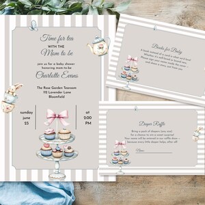 Invitación editable para baby shower con té, plantilla de 5x7, libros para bebé, tarjeta para rifa de pañales, invitación imprimible para baby shower, té con la futura mamá