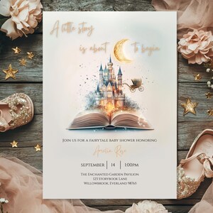 Märchenhafte Babyparty-Einladung, geschlechtsneutral | Märchenbuch-Thema, Babyparty-Einladung | Editierbare Vorlage „Once Upon a Time“, Sofort-Download