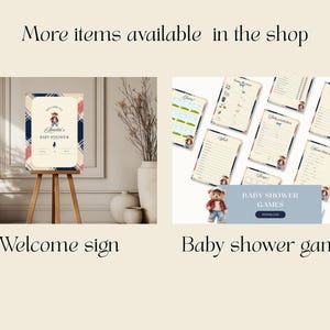 May include: A welcome sign for a baby shower with a plaid background and a cartoon illustration of a baby in a red, white, and blue outfit. The sign says "Amelia's Baby Shower".  The image also shows printable baby shower games with a teddy bear theme.
