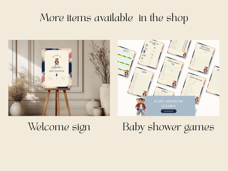 May include: A welcome sign for a baby shower with a plaid background and a cartoon illustration of a baby in a red, white, and blue outfit. The sign says "Amelia's Baby Shower".  The image also shows printable baby shower games with a teddy bear theme.