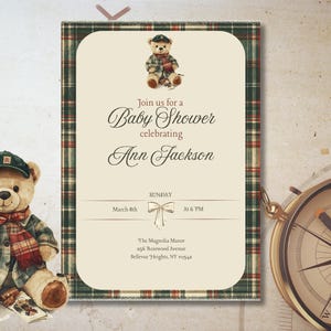 classic baby shower invite, polo invitation, elegance style, Ralph lauren, classic plaid baby shower, design polo club, baby polo, canva