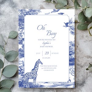 Royal Blue Baby Shower Invitation, Editable Canva, Toile de Jouy Jungle Boy Shower Invite, Diaper Raffle, Books for Baby, Thank You Card
