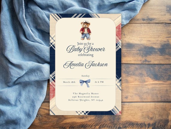 ralph lauren style invite, polo sport bear. baby shower invitation. classic baby shower. ralph lauren polo sport. classic plaid.