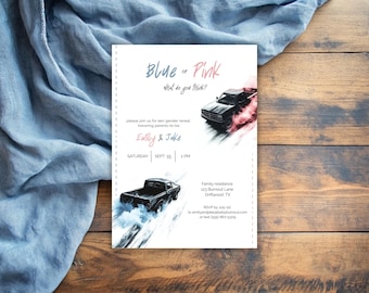 Editable Gender Reveal Invitation with Exhaust Smoke | Pink or Blue Burnout car Theme | Boy or Girl Canva Template | 5x7 Printable Invite