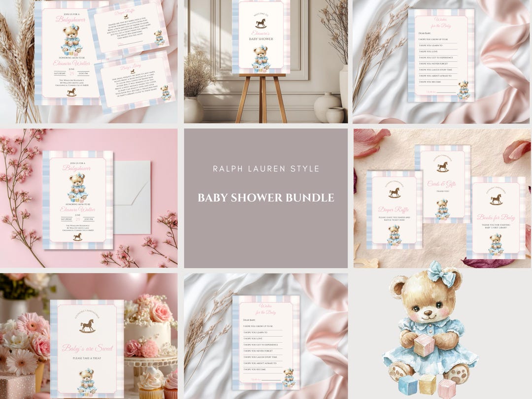 Editable Baby Shower Bundle Girl – Ralph Lauren Polo Style – Pink Blue ...