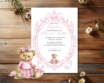 luxery baby shower invitation ralph lauren style. baby sprinkle elegance polo sport. bows and ornaments. pink teady bear elegant girl
