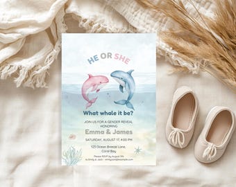 What Whale It Be Gender Reveal Invitation - Ocean Baby Shower Editable Template - He or She Dolphin Invite - Instant Download, under the sea