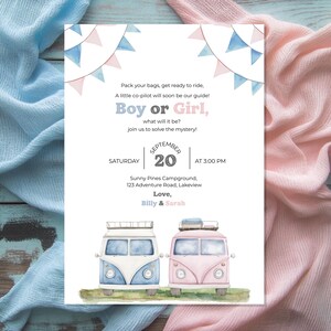 Invitation de révélation de genre – Thème VanLife avec camping-cars bleus et roses – Carte modifiable de 5 x 7 pouces – Téléchargement instantané dans Canva. garçon ou fille