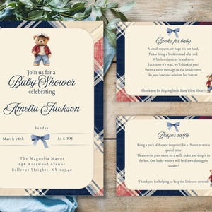 May include: A baby shower invitation with a blue and red tartan pattern. The invitation features a teddy bear wearing a baseball cap and blue jeans. The text on the invitation reads "Join us for a Baby Shower celebrating Amelia Jackson". The date and time of the shower are listed as "Sunday, March 18th at 6 PM". The location is "The Magnolia Manor, 256 Rosewood Avenue, Bellevue Heights, NY 10548".