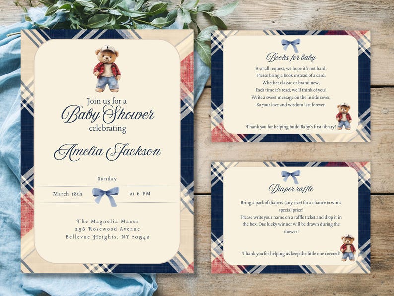 May include: A baby shower invitation with a blue and red tartan pattern. The invitation features a teddy bear wearing a baseball cap and blue jeans. The text on the invitation reads "Join us for a Baby Shower celebrating Amelia Jackson". The date and time of the shower are listed as "Sunday, March 18th at 6 PM". The location is "The Magnolia Manor, 256 Rosewood Avenue, Bellevue Heights, NY 10548".