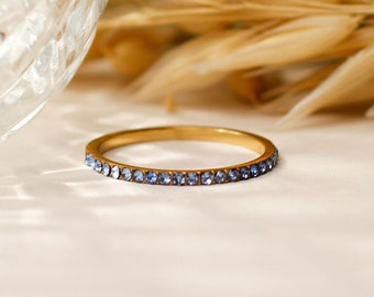Blue Sapphire Diamond Band Ring, Half Eternity Wedding Band Ring, Dainty Crystal Band Ring, Thin Diamond Ring, September Birthstone Ring