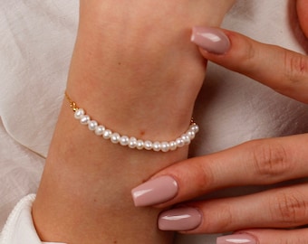 Minimalist Pearl Bracelet Dainty Pearl Strand Bracelet, Gold Pearl Bracelet, Bridal Bracelet With Pearls, Pearl Row Bracelet