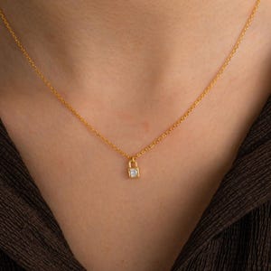 Diamond Padlock Necklace, Tiny Diamond Charm Necklace, Crystal Pendant Necklace, Minimalist Necklace, Perfect Gift for Her, Gold Necklace