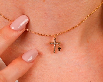 Two Cross Necklace, Double Cross Necklace, Diamond Cross Necklace, Gold Cross Pendant, Necklace With Two Crosses, Cross Pendant Necklace