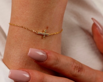 Diamond Cross Bracelet, Pave Gold Cross Bracelet, Sideways Cross Bracelet, Cross Charm Bracelet, Dainty Religious Bracelet