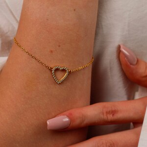 Pave Heart Bracelet, Diamond Heart Bracelet, Gold Bracelet For Women, Love Heart Bracelet, Dainty Bracelet, Gift For Her, Romantic Jewelry image 1