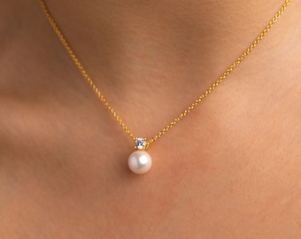 Pearl Necklace, Diamond Pearl Necklace, Dainty Pearl Pendant, Bridal Necklace, Wedding Necklace, Diamond Pendant Chain, Mother's Day Gifts