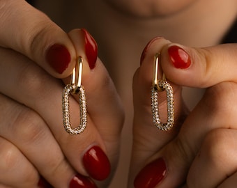 Diamond Chain Link Earrings, Dangle Link Earrings, Crystal Statement Earrings, Cable Earrings, Pave Linked Earrings, Geometric Earrings