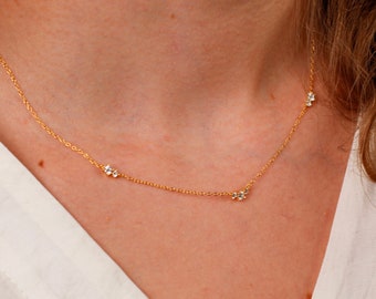 Diamond Station Necklace Crystal Charm Necklace, Dainty Diamond Necklace Minimalist Layering Necklace, Small Diamond Necklace Gift For Her