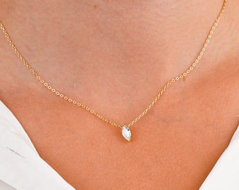 Marquise Diamond Necklace, Dainty Diamond Pendant Necklace, Solitaire Diamond Gold Necklace Pendant, Minimalist Necklace Anniversary Gift