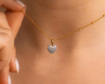 Collar con colgante de corazón de diamantes, collar de diamantes pavé, collar de amor, delicado collar de cristal, regalo de aniversario para ella, joyería de corazón