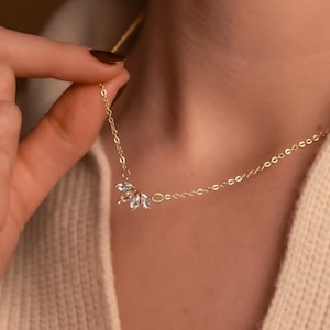 Marquise Diamond Necklace Flower Diamond Necklace, Dainty Flower Petal Pendant Necklace, Bridal Necklace Gift For Her, Wedding Necklace