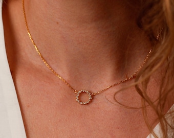 Pave Diamond Circle Necklace Diamond Ring Pendant, Dainty Diamond Necklace, Minimalist Karma Necklace, Anniversary Gift For Her