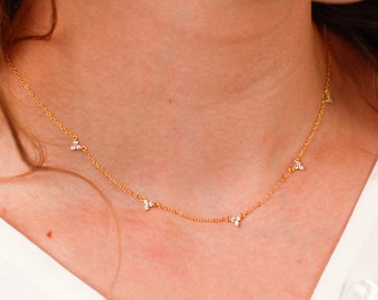 Dainty Diamond Station Necklace, Crystal Necklace, Diamond Charm Necklace, Dainty Layering Necklace, Diamond Chain Necklace, Gift For Her