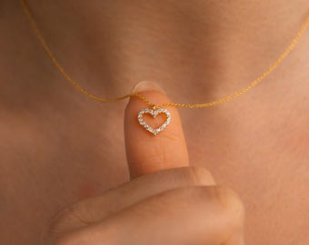 Diamond Heart Necklace, Pave Heart necklace, Crystal Necklace, Love Necklace, Open Heart Gold Necklace, Gift for Her, Delicate Necklace
