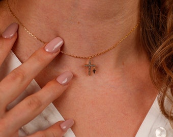 Dainty Cross Necklace Double Cross Necklace, Small Diamond Cross Necklace, Pave Diamond Two Cross Necklace, Minimalist Cross Jewelry