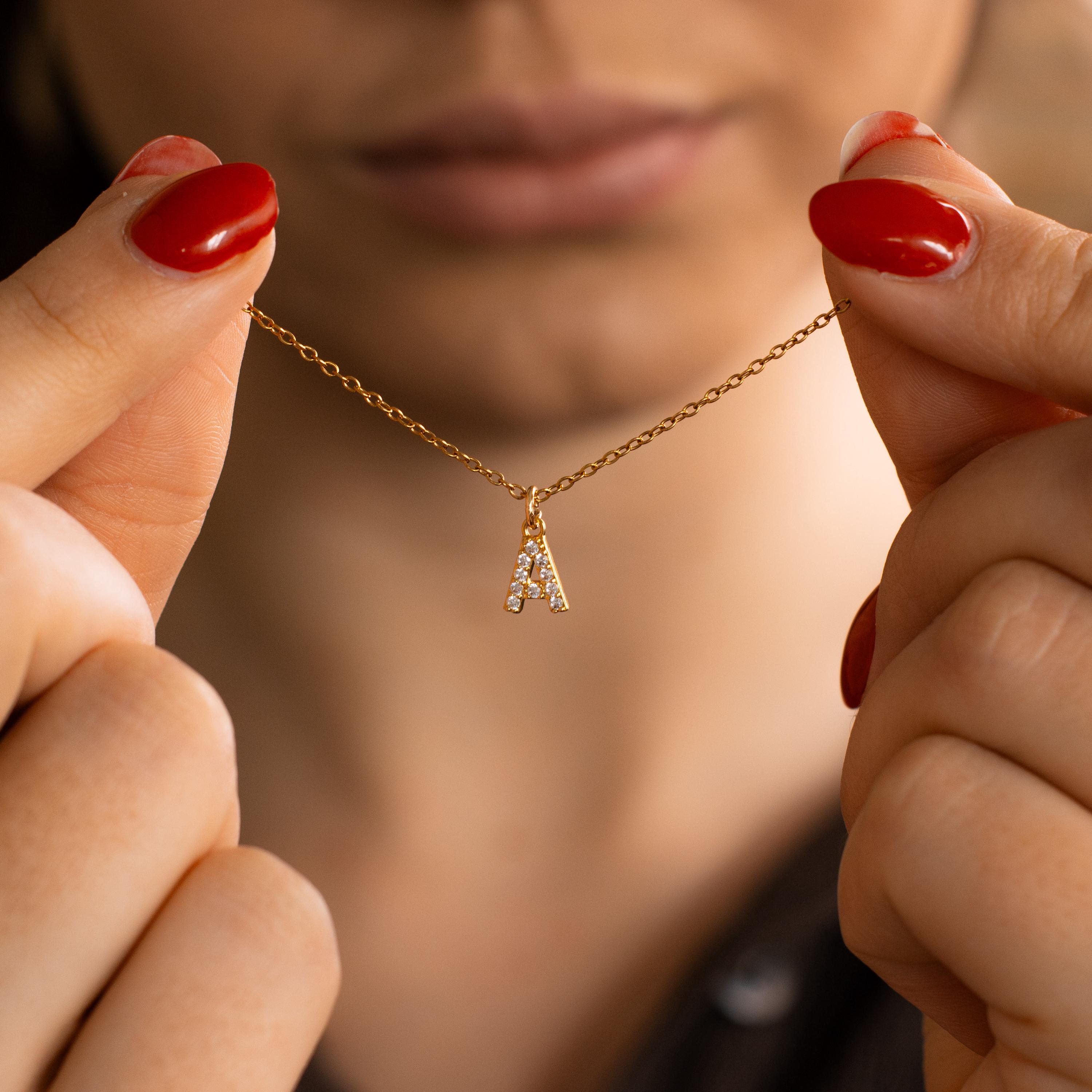 Diamond Initial Necklace, Diamond Letter Pendant Necklace, Minimalist Crystal Necklace, Personalized Necklace, 18k Gold Initial Necklace