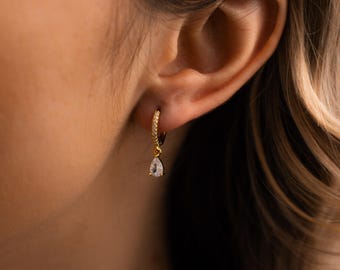 Diamond Drop Earrings, Pave Huggie Earrings, Diamond Dangle Earrings, Huggie Hoop Earrings, Wedding Earrings, Bridal Earrings, Gift for Her