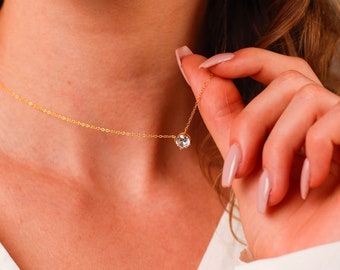 Diamond Solitaire Necklace Dainty Diamond Pendant Necklace, Minimalist Single Diamond Necklace, Round Diamond Bridesmaid Necklace Gift
