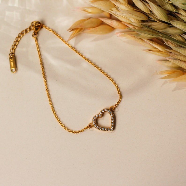 Pave Heart Bracelet, Diamond Heart Bracelet, Gold Bracelet For Women, Love Heart Bracelet, Dainty Bracelet, Gift For Her, Romantic Jewelry image 2